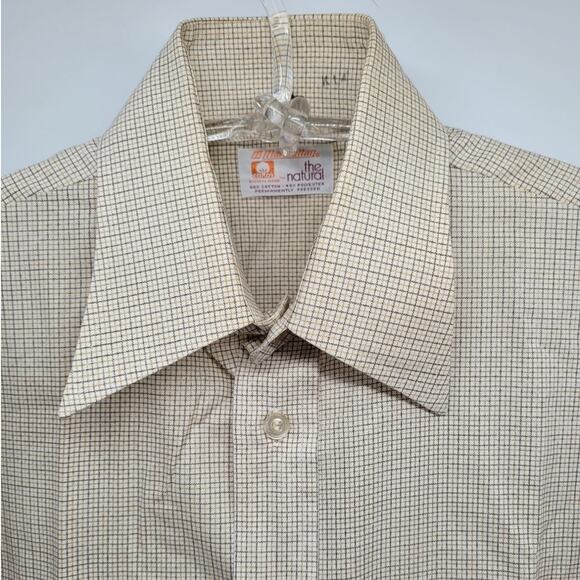 Manhattan 70s Beige Brown Check Woven Shirt Retro Button‑Up Vintage Casual - Picture 6 of 14